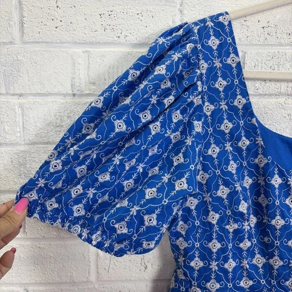 Rhode for Target Babydoll Dress M Blue Embroidered Eyelet Puff Sleeves Pockets - Picture 4 of 12